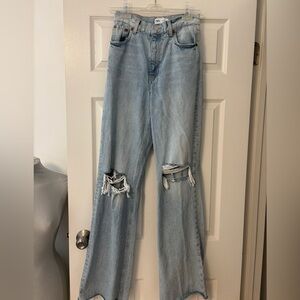 New Zara Straight Wide Leg Distressed Light Blue Jeans